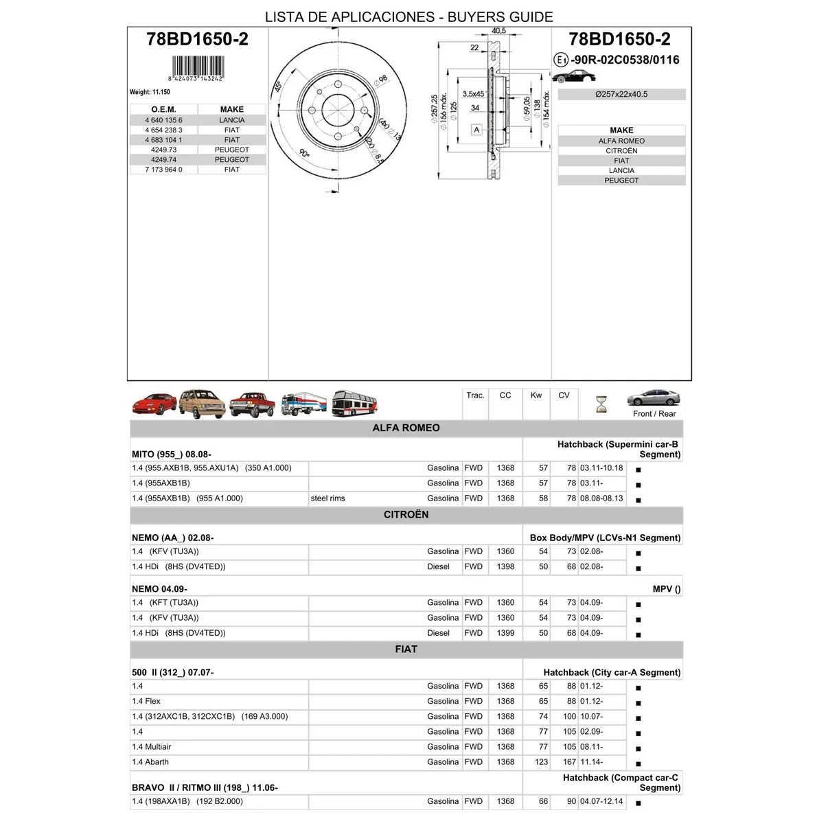 Диск тормозной передний FIAT DOBLO 01-> EXCL.1.2L/BRAVO II/500C 09-> ICER 78BD1650-2