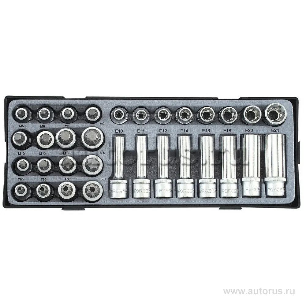 Набор головок TORX E10-E24 и головок-бит T50-T70/Т50Н-Т70Н/М5-M16 1/2DR ложемент 32пр FORCE T4322