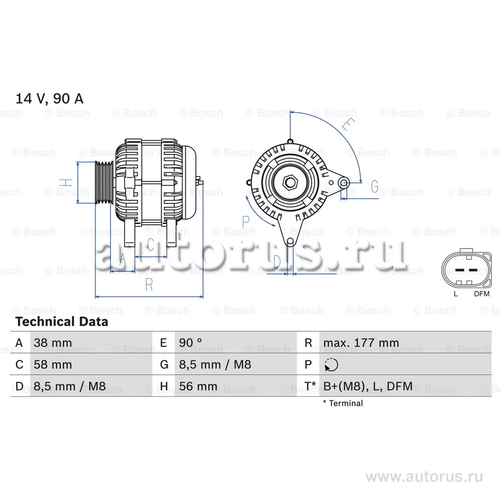 Генератор 90A VW Polo, Skoda Fabia 1.2-2.0 01 BOSCH 0 986 049 101