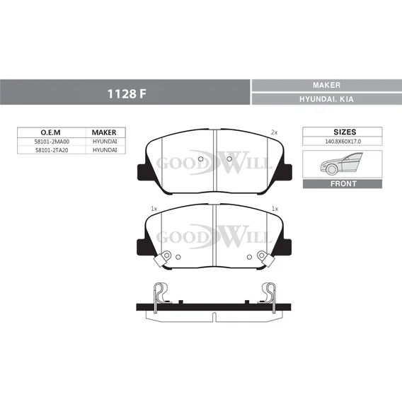 Колодки тормозные дисковые передние, комплект KIA GOODWILL 1128F