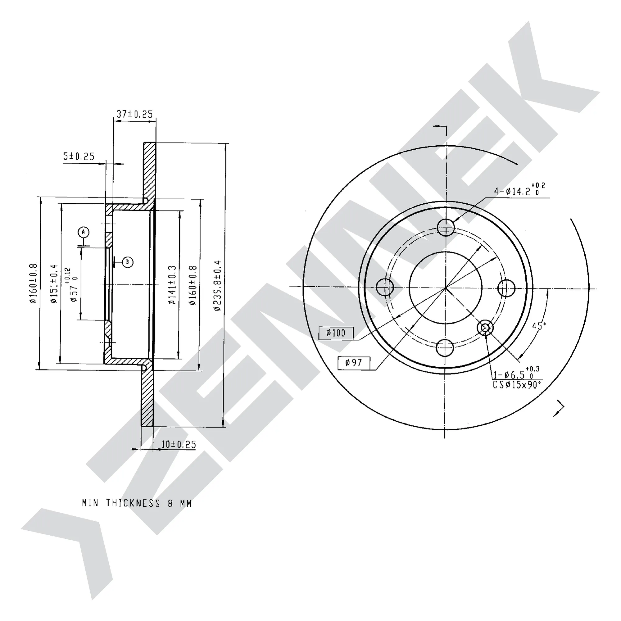 Диск тормозной задний OPEL ASTRA G 98-09, ASTRA H 04-(2 шт) ZENNEK DBD0053
