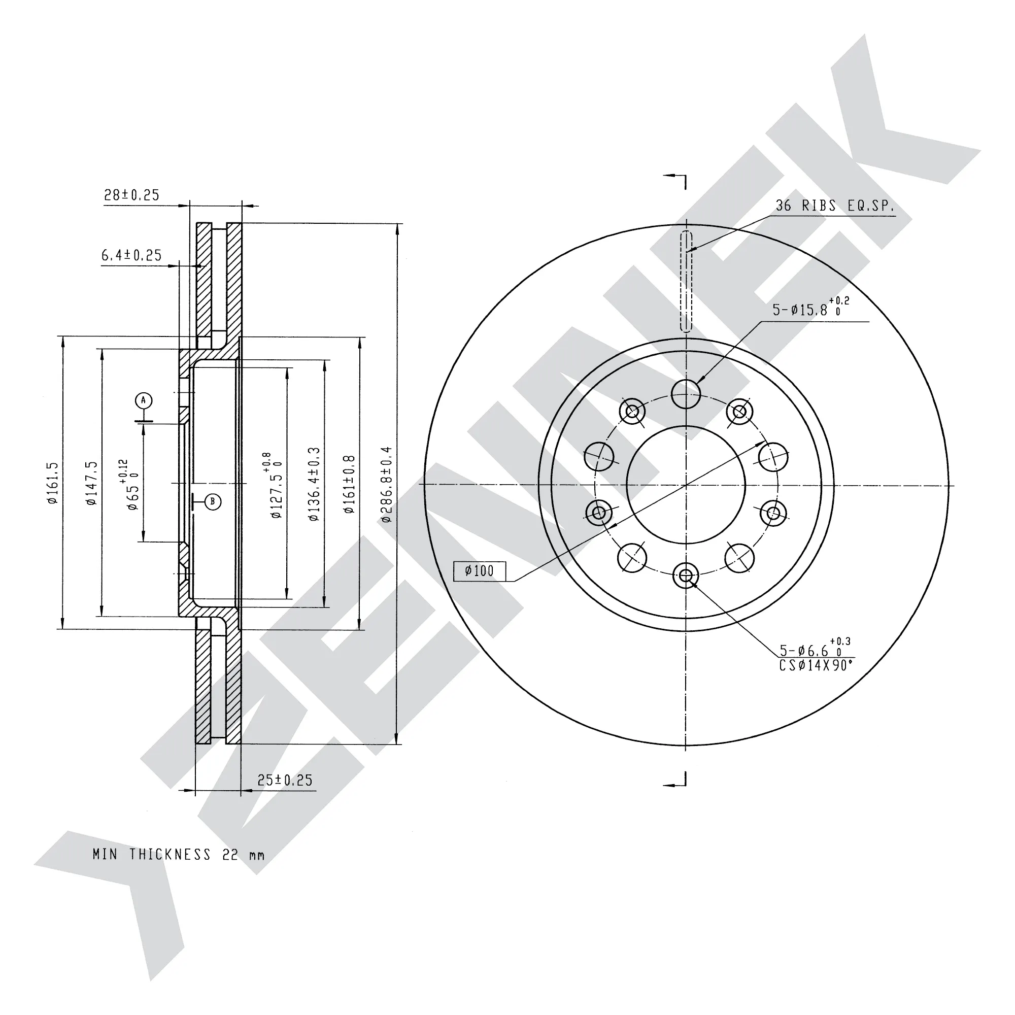Диск тормозной передний AUDI A3 96-06, SKODA FABIA 99-(2 шт) ZENNEK DBD0152