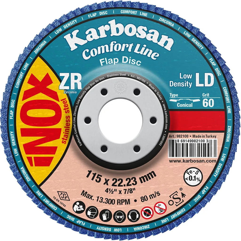 Круг лепестковый КЛТ 115х22/Р60 Karbosan Comfort Line ZR LD Flap Конический (Арт. 982100) INOX KARBOSAN KAR-982100