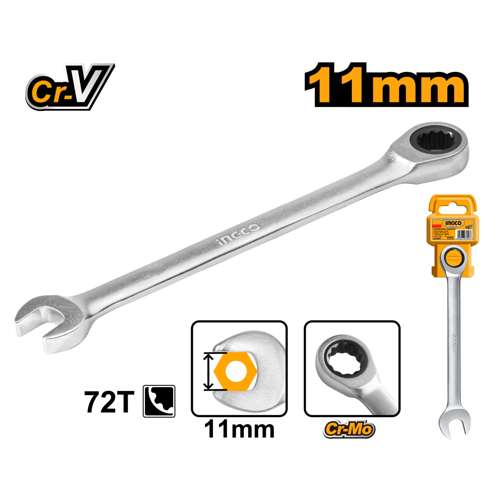 Ключ комбинированный трещоточный 11 мм INDUSTRIAL INGCO HCSPAR111