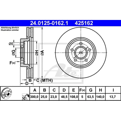 Диск тормозной передний FORD FOCUS II/C-MAX/VOLVO S40 II /VENT D=300MM ATE 24.0125-0162.1