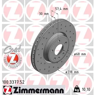Диск тормозной передний перфорированный SPORT COAT Z ZIMMERMANN 100.3377.52