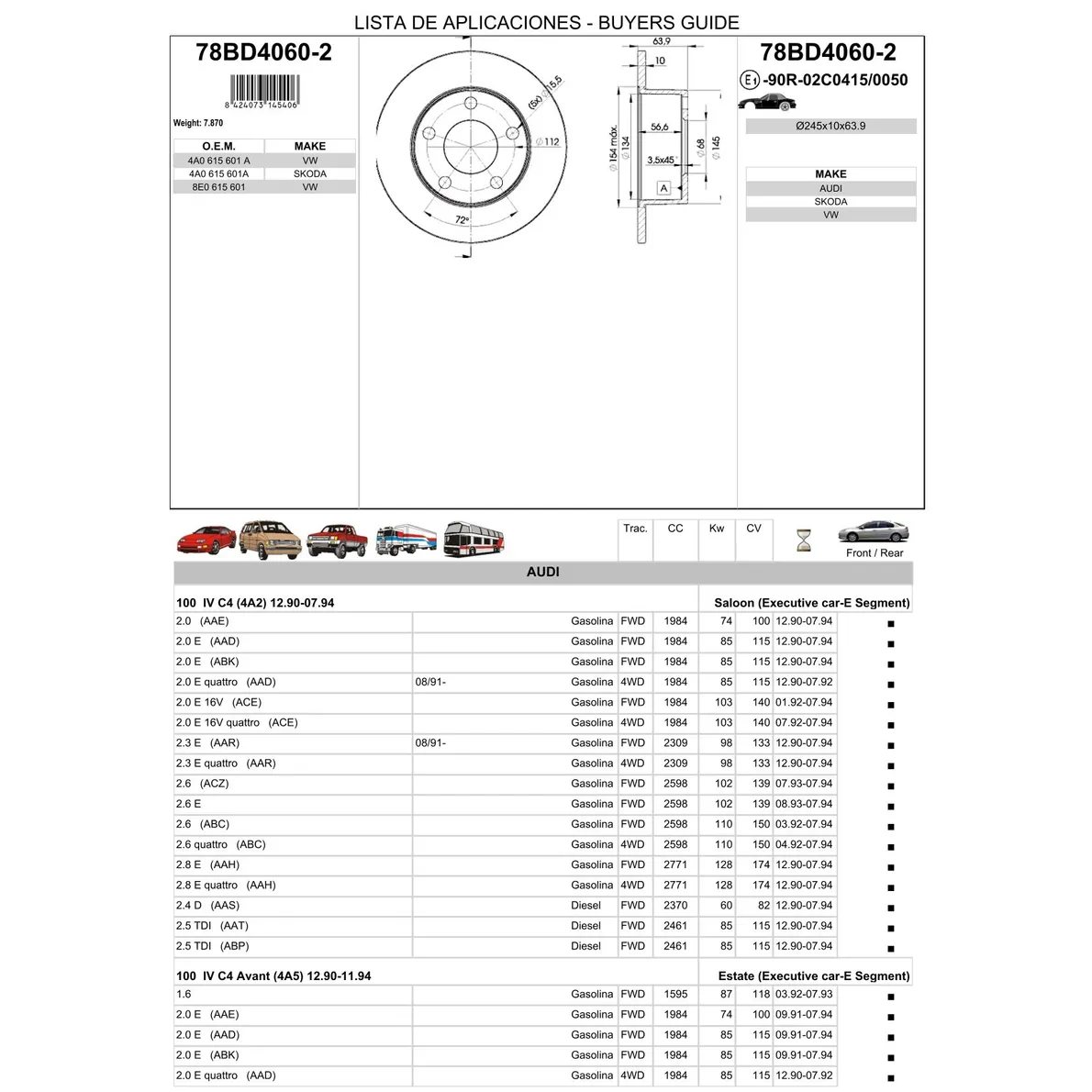 Диск тормозной задний AD 100/A6 91-97 VW B5 ICER 78BD4060-2