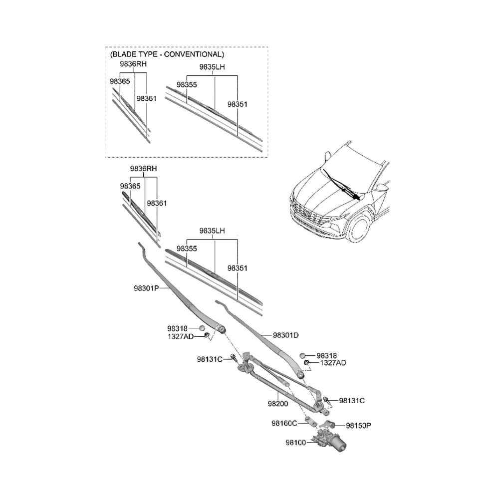 Щётка стеклоочистителя гибридная 400 мм пассажирская KIA Cerato IV 2021-2024, Niro 2022- HYUNDAI/KIA 98360-Q8900