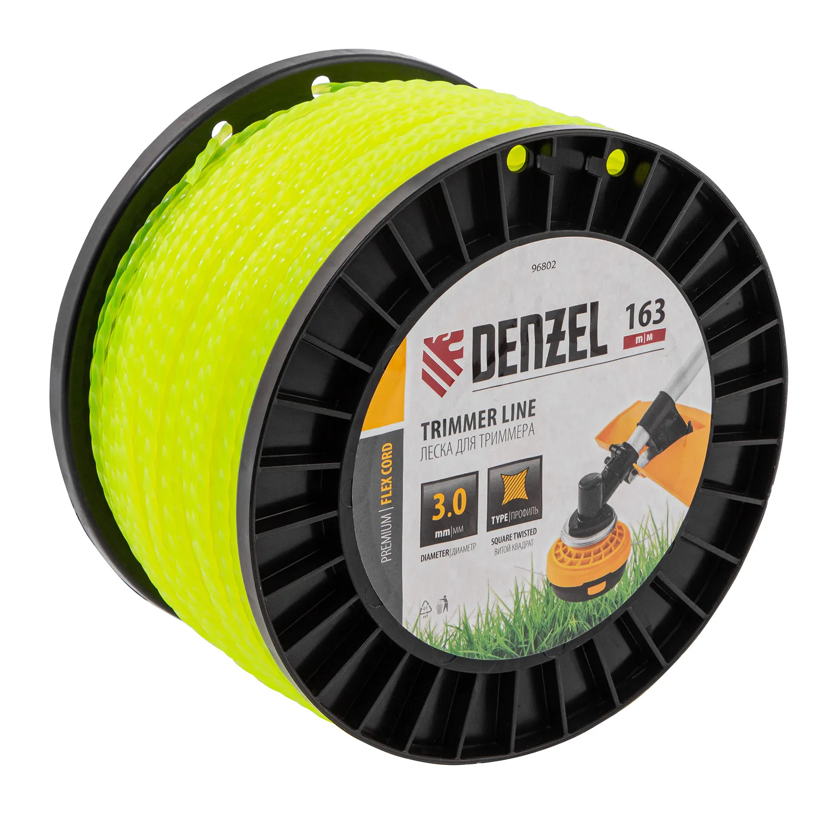 Леска для триммера витой квадрат, 3,0 мм x163 м, на DIN катушке FLEX CORD Denzel Denzel 96802