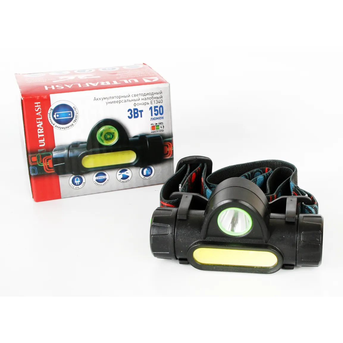 Фонарь налоб. аккум 3,7В,димм.,черный, XPE + COB LED, 3 Ватт, 2 реж., магнит, бокс ULTRAFLASH E1340