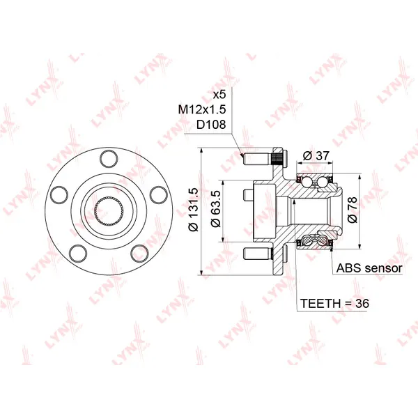 Ступица передняя в сборе L=R FORD Focus 2/C-MAX LYNXauto WH-1215
