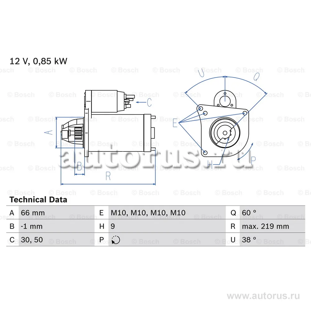 СТАРТЕР 12V, 0.85KW BOSCH 0986010310