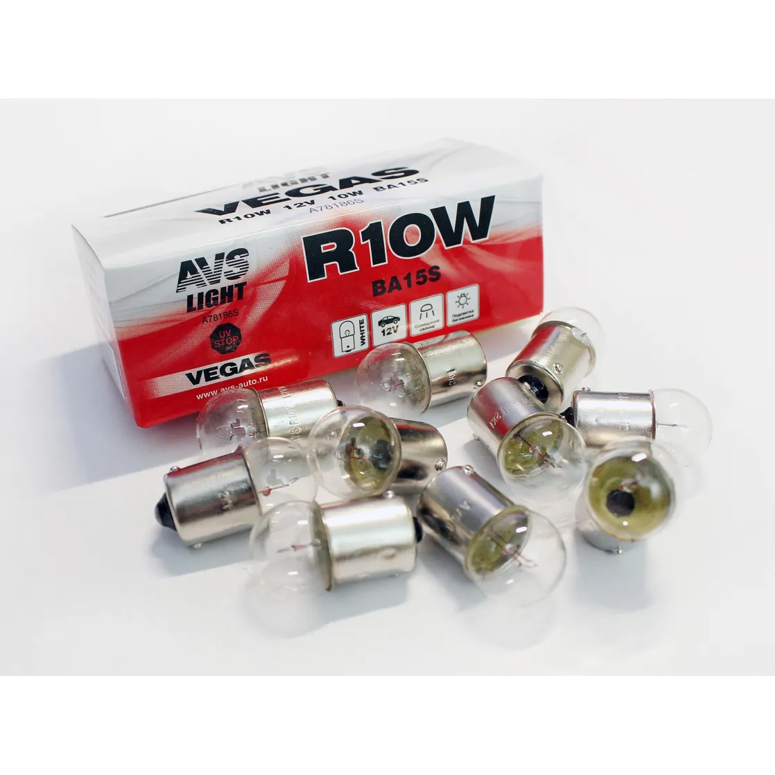 Лампа 12V R10W 10W BA15s AVS VEGAS 10 шт. картон A78186S