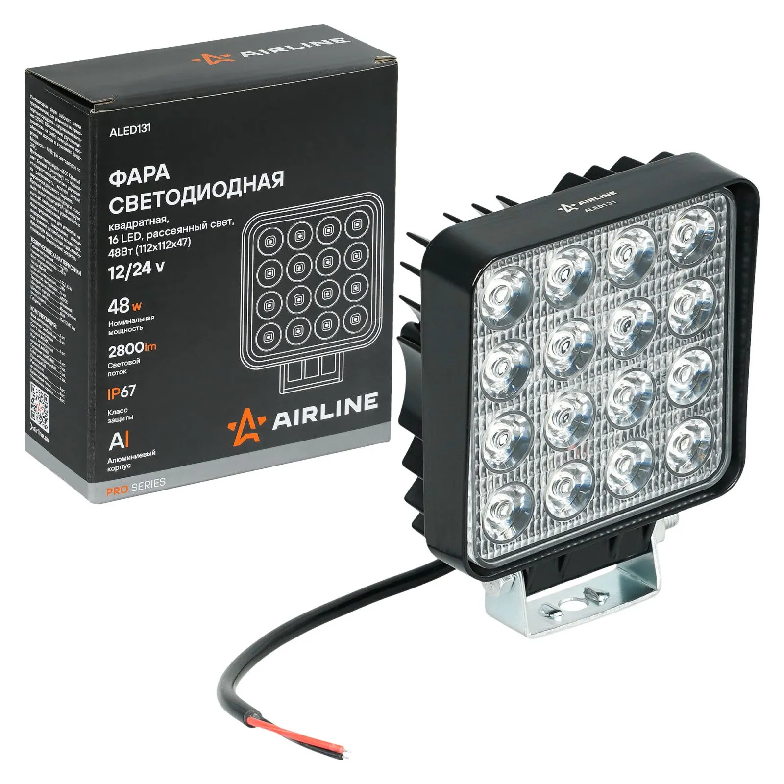 Фара светодиодная квадратная, 16LED, рассеянный свет, 48Вт, 112x112x47мм, 12/24В, PRO AIRLINE ALED131