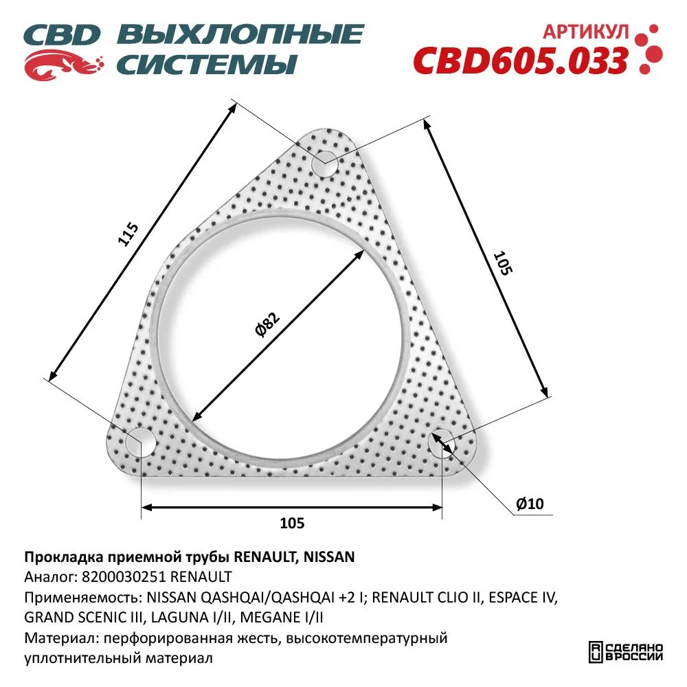 Прокладка приемной трубы RENAULT, NISSAN 8200030251. CBD605.033