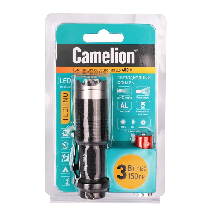 Фонарь, черный, LED XPE, ZOOM, 3 реж 1XLR6 в компл., алюм.,откр. блистер Camelion LED5135