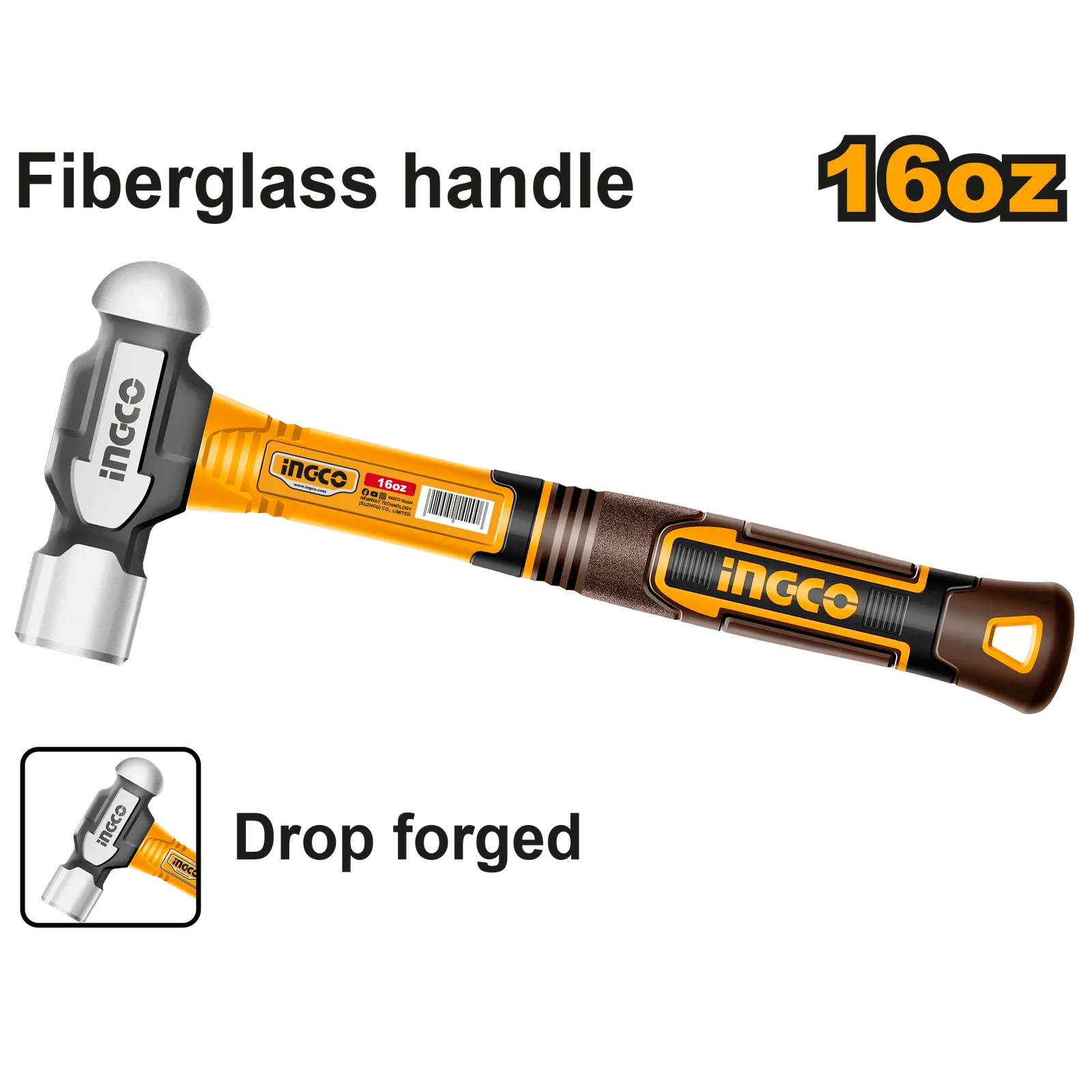 Молоток с круглым бойком 450 г (6/18) INGCO HBPH81016