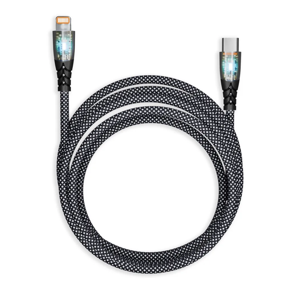 Кабель для зарядки и передачи, прозрачн.наконечники TYPE C - LIGHTNING черн.,3а,нейл.,1 м, SMARTBUY IK-12-PDTRANSP-BLACK
