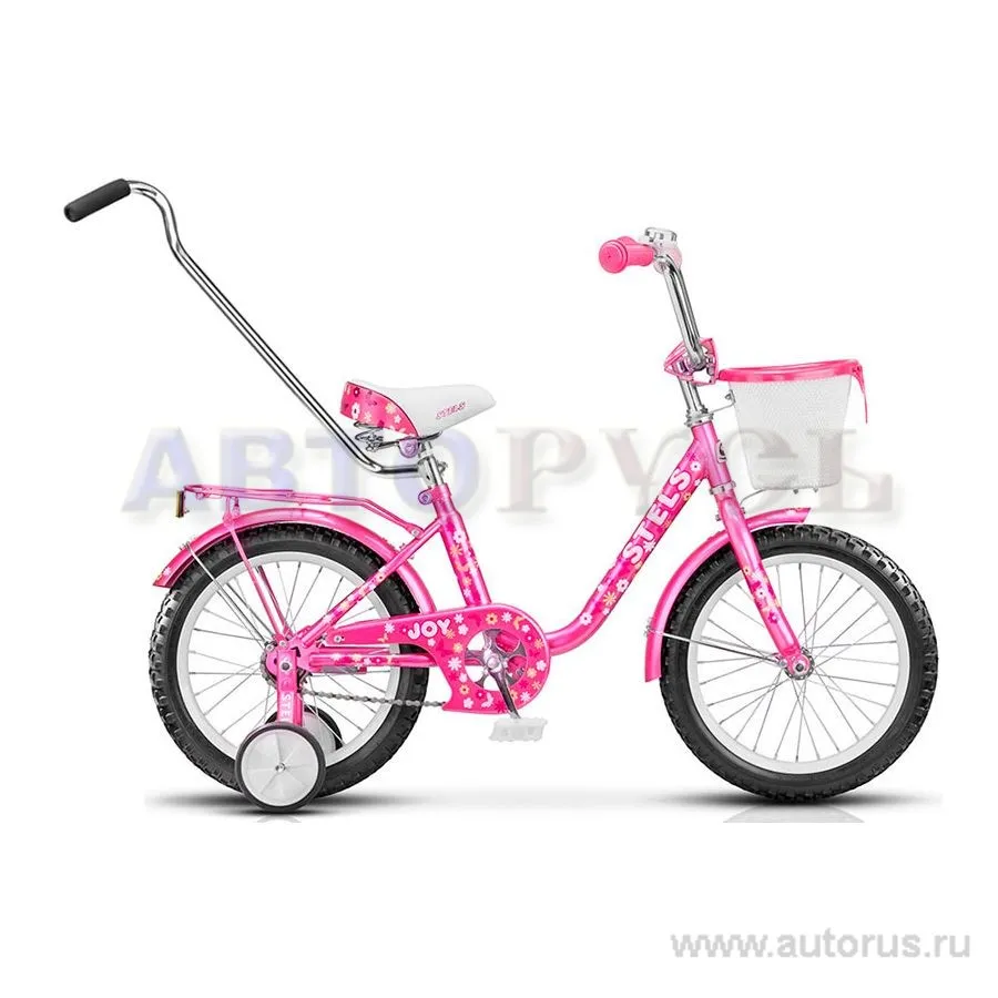 Велосипед 12 детский STELS Joy, 2015 1 скорость сталь 8,5 с боковыми колесами ручкой и корзиной розовый