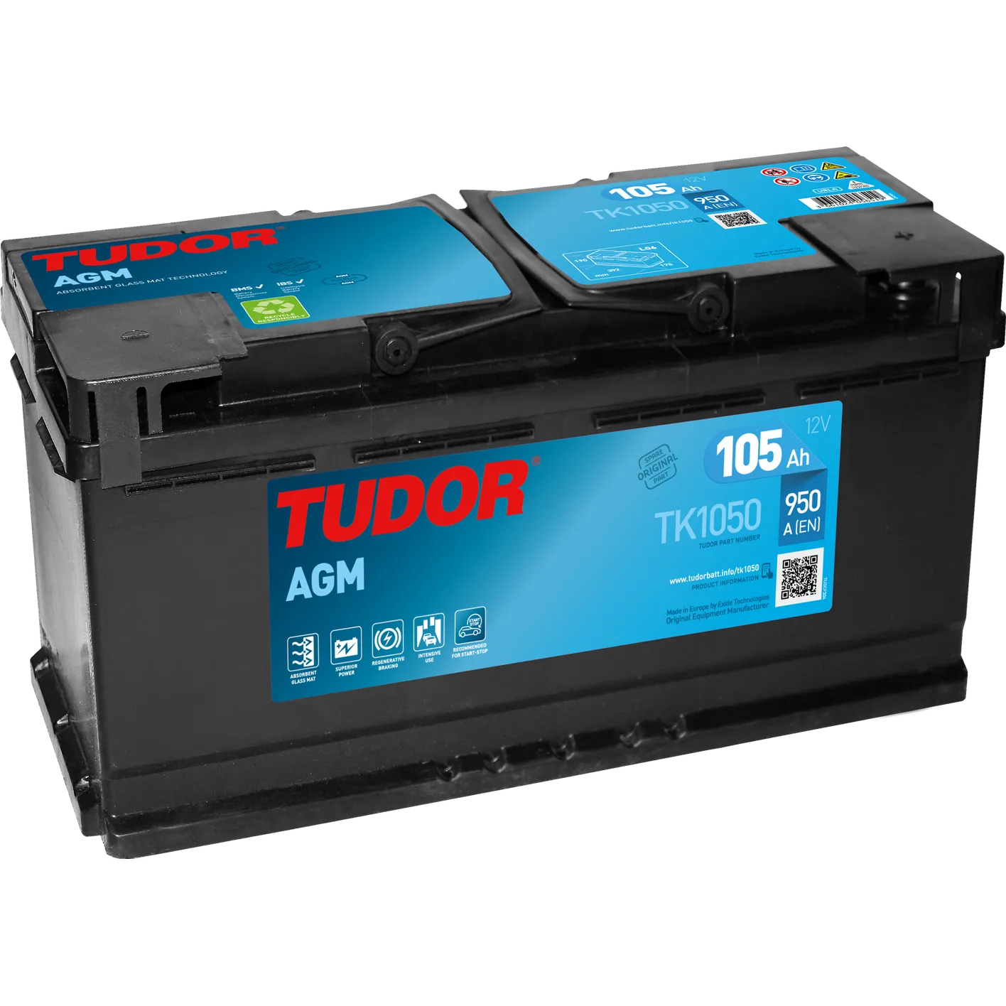 Аккумулятор TUDOR AGM 105 А/ч обратная R+ 392x175x190 EN1 050 А