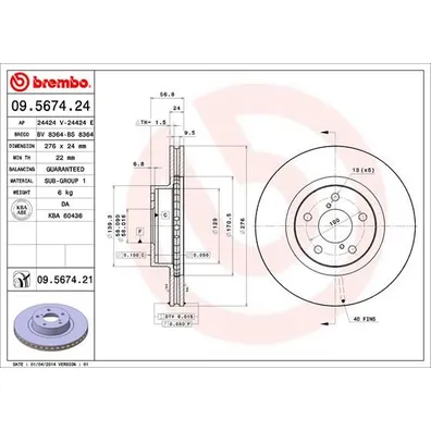 Диск тормозной передний SUBARU LEGACY BREMBO 09.5674.24
