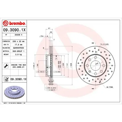 Диск тормозной (с перфорацией) передний D236 (мин. 2 шт) BREMBO 0930901X