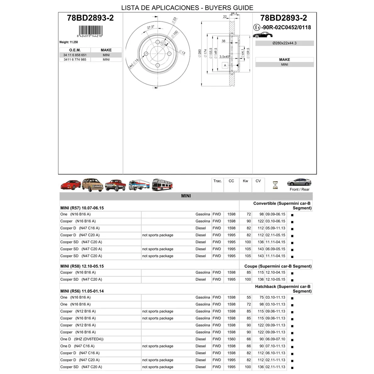 Диск тормозной передний MINI MINI R55/R56/R57/R58/R59 2006-> ICER 78BD2893-2