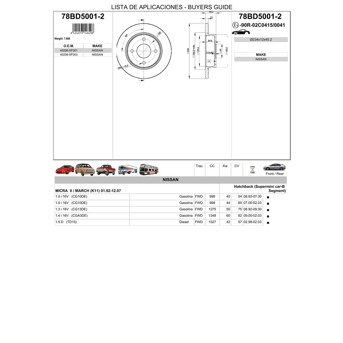Диск тормозной передний NISSAN MICRA ICER 78BD5001-2