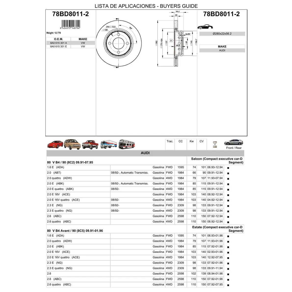 Диск тормозной передний AUDI 80(B4)/ COUPE ALL 91-96 /VENT.D=280MM ICER 78BD8011-2