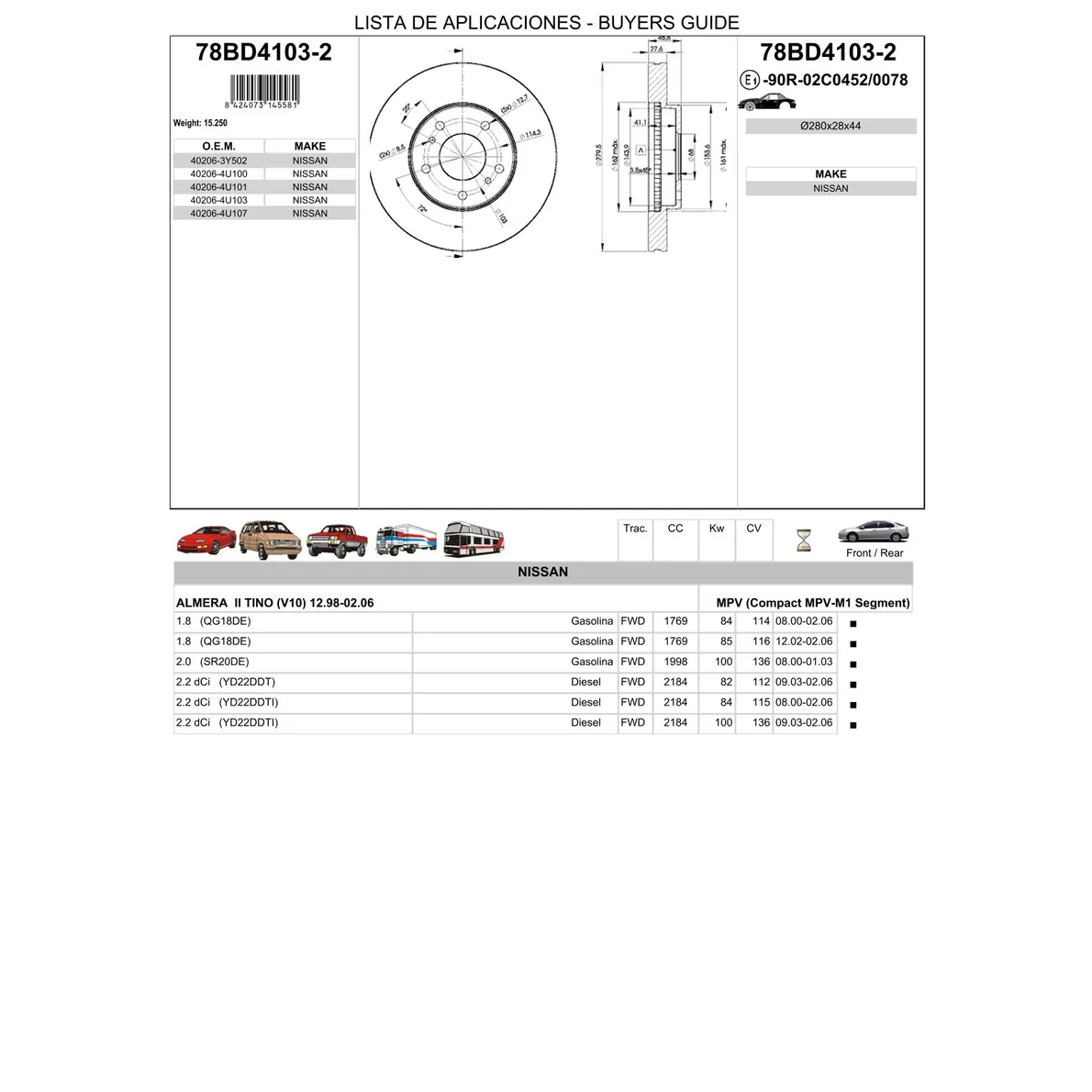 Диск тормозной передний NISSAN ALMERA/PRIMERA P12 ICER 78BD4103-2