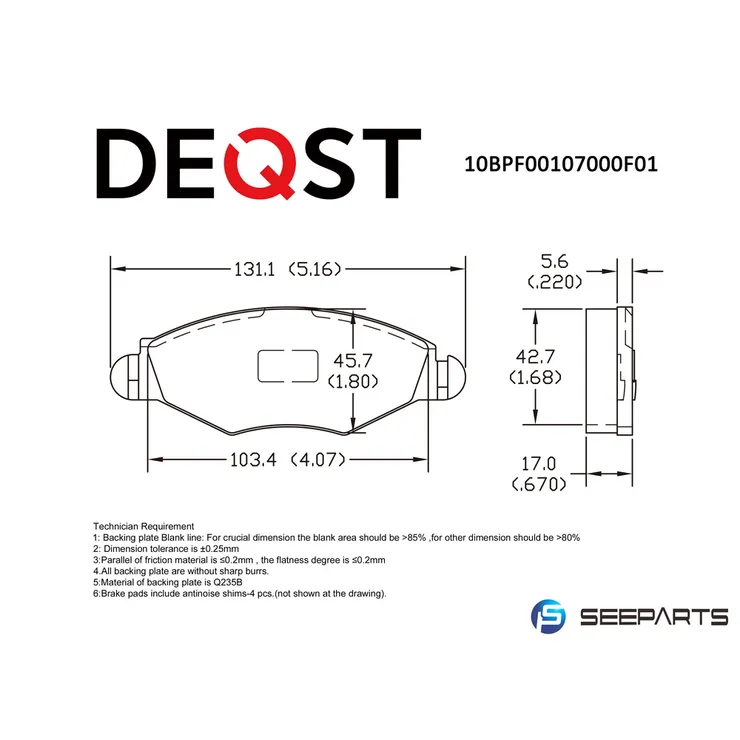 Колодки тормозные, передние PEUGEOT 206/206SW 01>(-ABS) DEQST 10BPF00107000