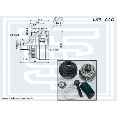 ШРУС AUDI A4 (B5/8E)/AUDI A6 (C5)/AUDI A8 2,4-2,8 / VW PASSAT (B5/B5+) c ABS STARKE 153-620
