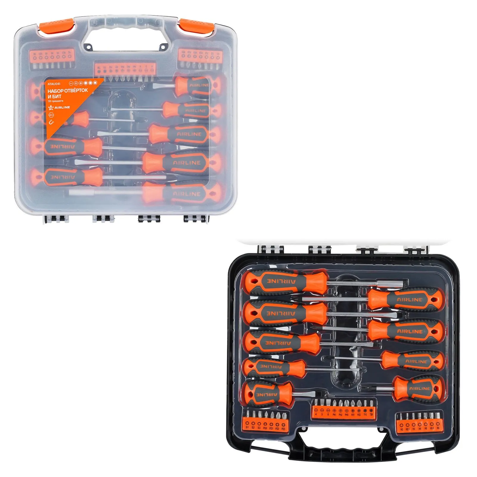 Набор отвёрток и бит 33 пр. (SL, PH, PZ, HEX, TORX, SQUARE) пласт.кейс AIRLINE ATAU041