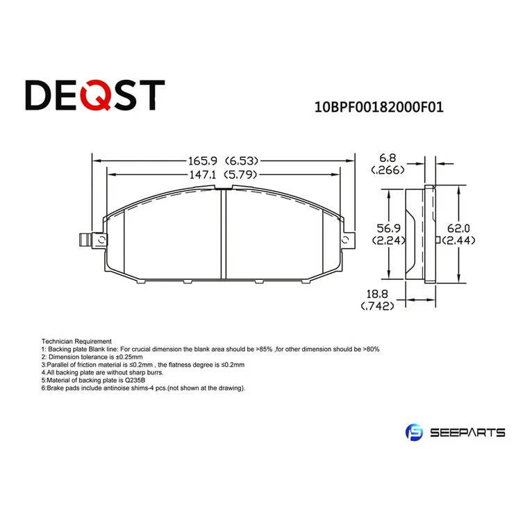 Колодки тормозные, передние. NISSAN Patrol Y61 4.5i/2.8TD/4.2TD 97>/3.0Di 00> DEQST 10BPF00182000