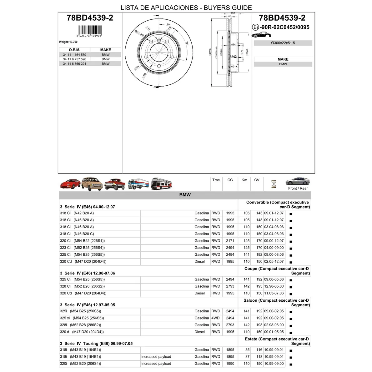 Диск тормозной передний BMW E46 /VENT.D=300MM ICER 78BD4539-2