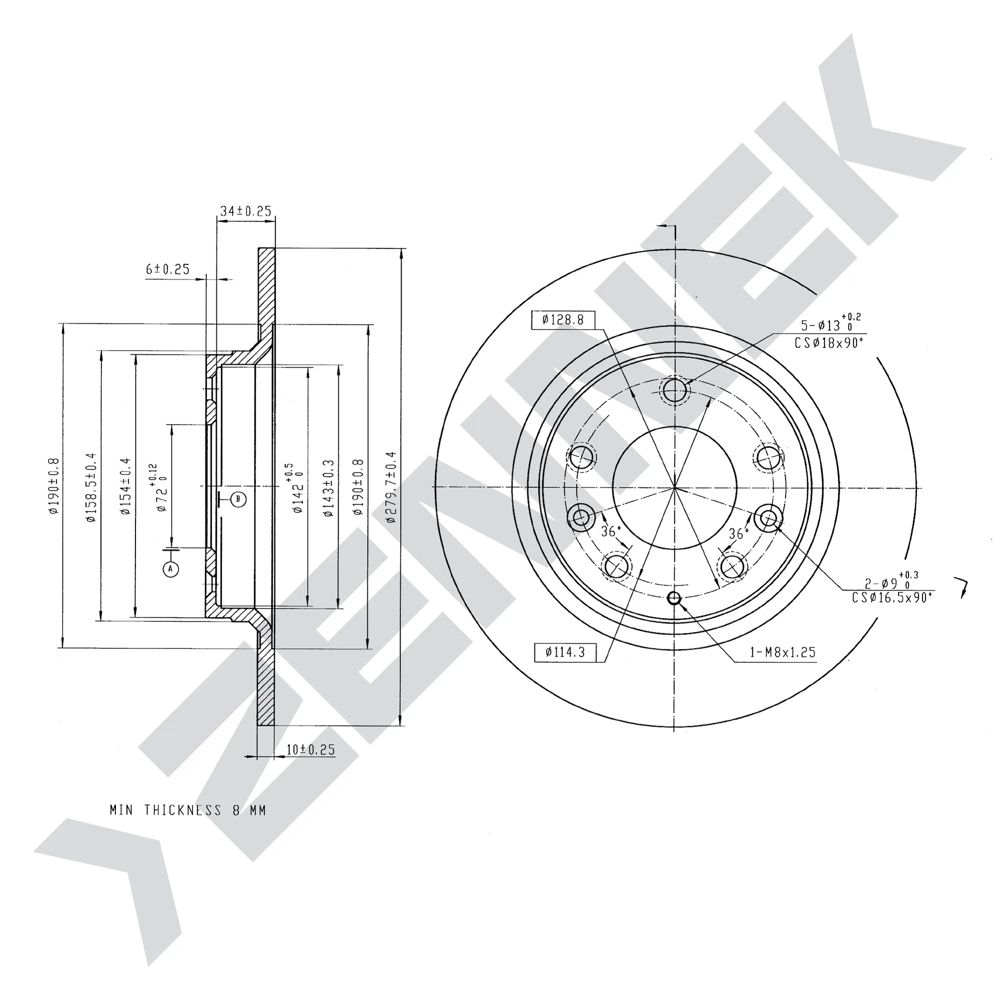 Диск тормозной задний MAZDA 323 98-04, MAZDA 6 02-(2 шт) ZENNEK DBD0050