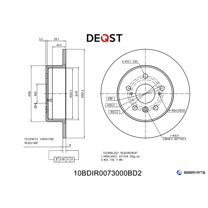 Диск тормозной, задний TOYOTA CAMRY V10/V20 3.0 91-01/V30 2.4-3.0 01- DEQST 10BDIR0073000