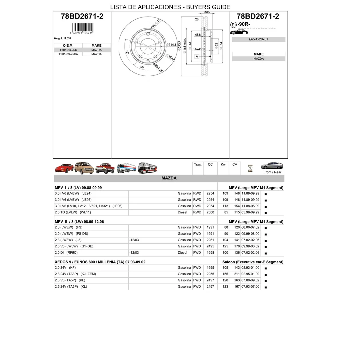 Диск тормозной передний MAZDA XEDOS ICER 78BD2671-2