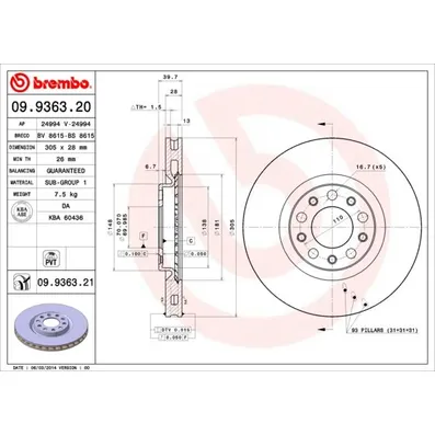 Диск тормозной передний ALFA ROMEO 159,939 BREMBO 09936321