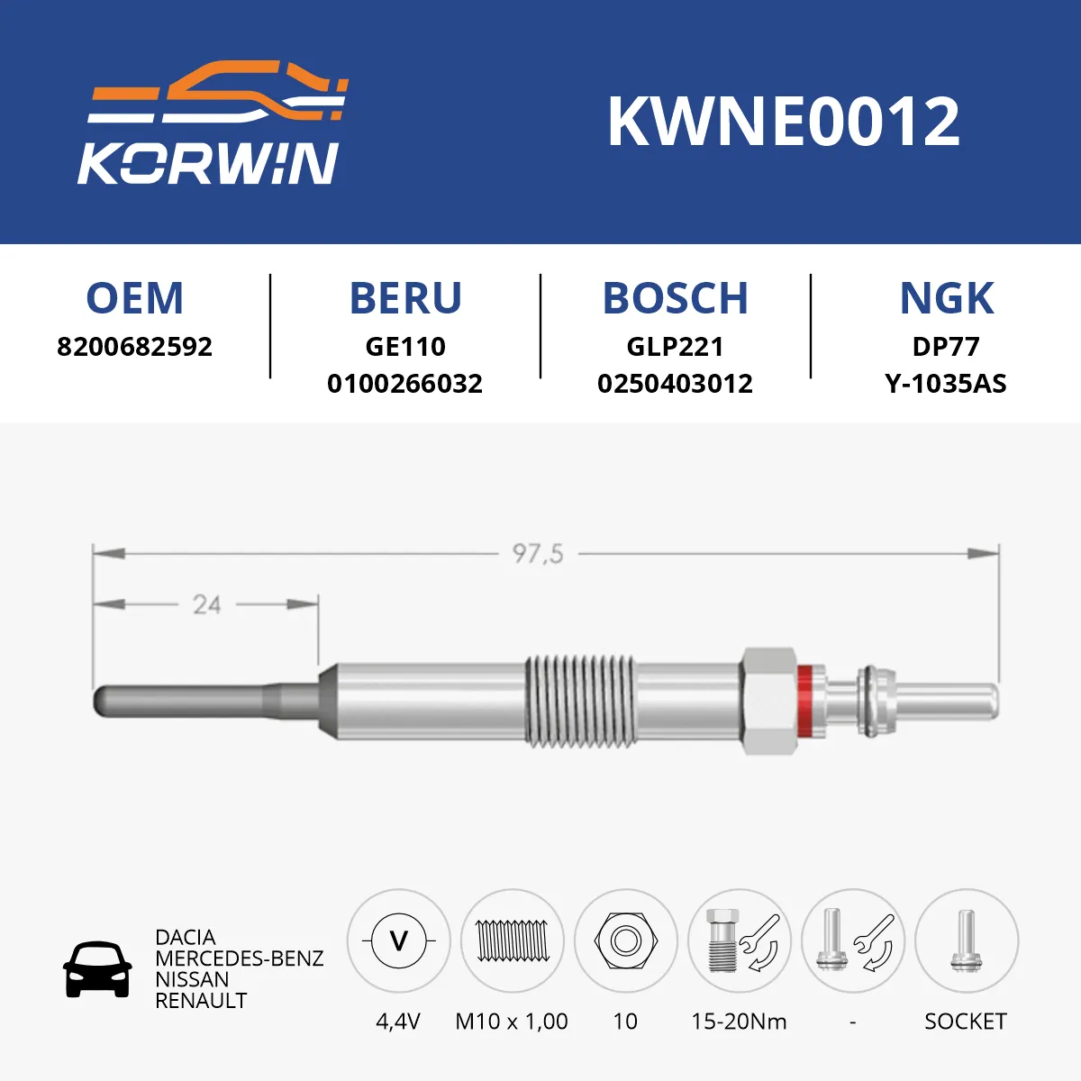 Свеча накаливания Dacia/Mercedes-Benz/Nissan/Renault пр. Турция KORWIN KWNE0012