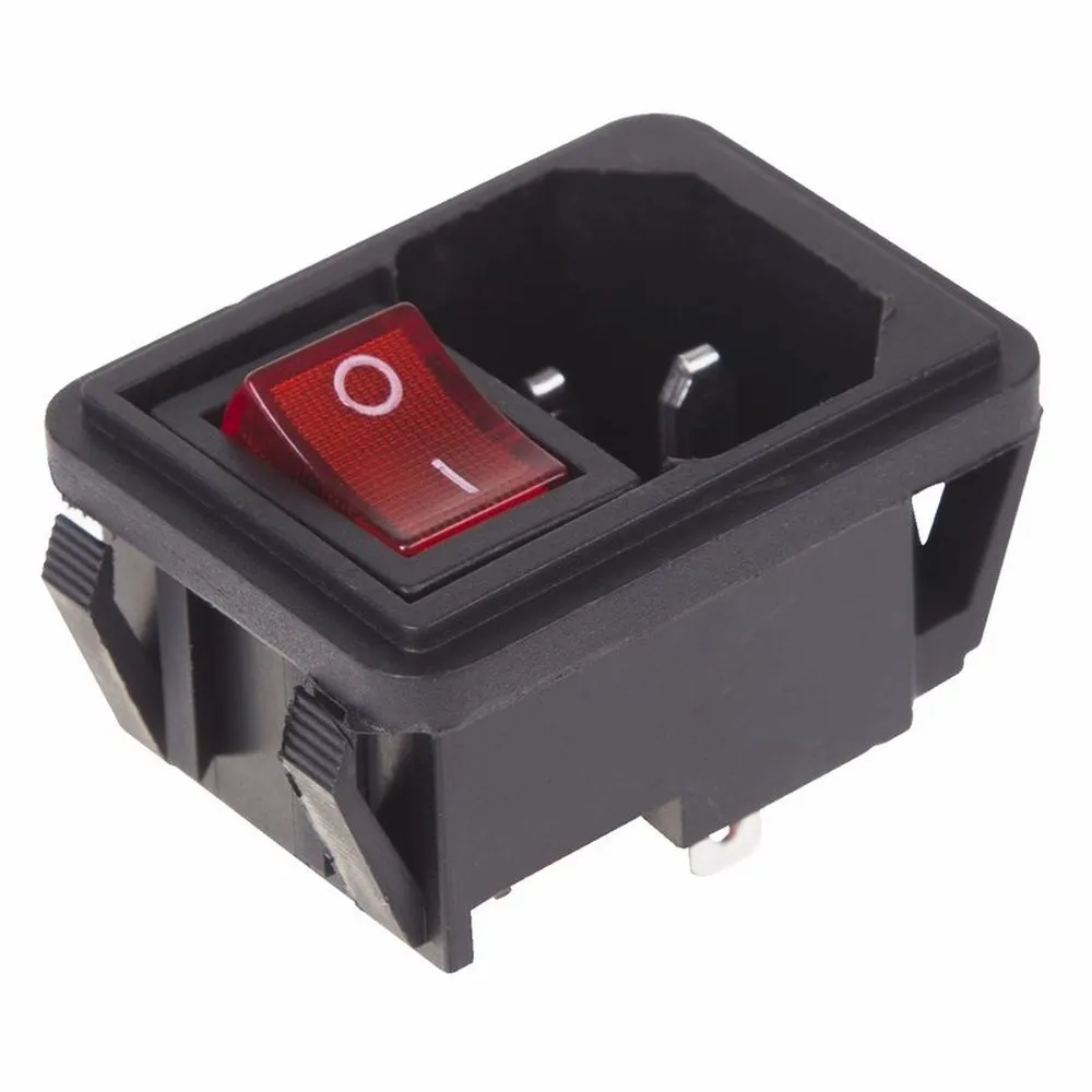 Выключатель клавишный 250V 10А (4с) ON-OFF красный с подсветкой и штекером C14 3PIN REXANT 36-2270