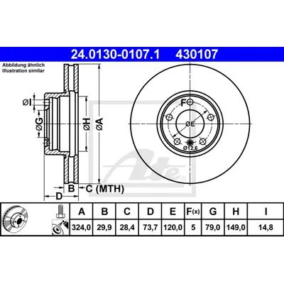 Диск тормозной передний BMW E39 2.0...3.5L,2.0TD...3.0TD /VENT D=324MM ATE 24.0130-0107.1