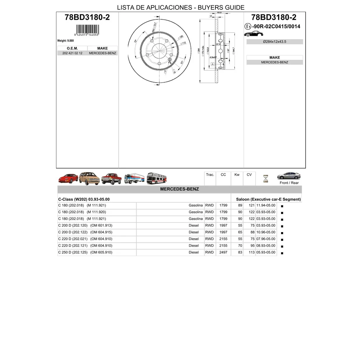 Диск тормозной передний MB W202 невент ICER 78BD3180-2