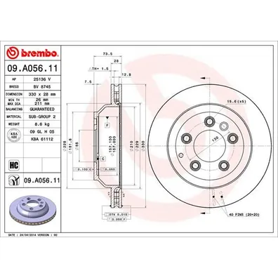 Диск тормозной задний BREMBO 09.A056.11