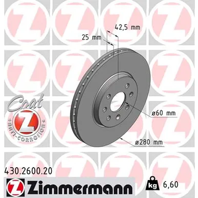 Диск тормозной передний OPEL ASTRA H, MERIVA ZIMMERMANN 430.2600.20