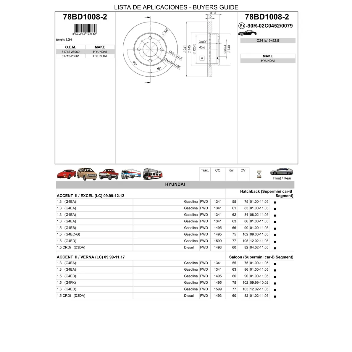 Диск тормозной передний HYUNDAI ACCENT (1.3-1.5) 00=> вент ICER 78BD1008-2
