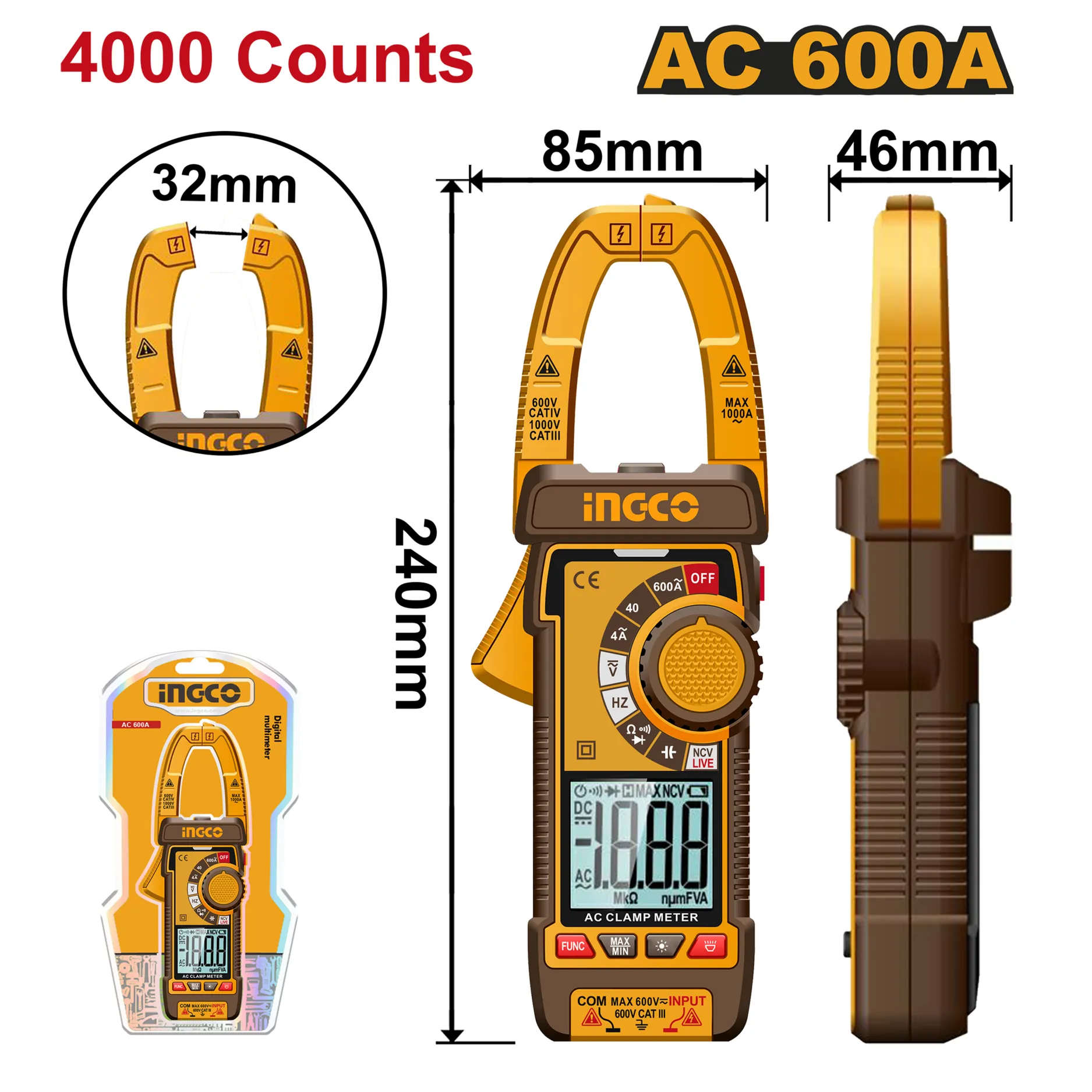 Мультиметр цифровой 600А AC (5/20) INDUSTRIAL INGCO DCM66001