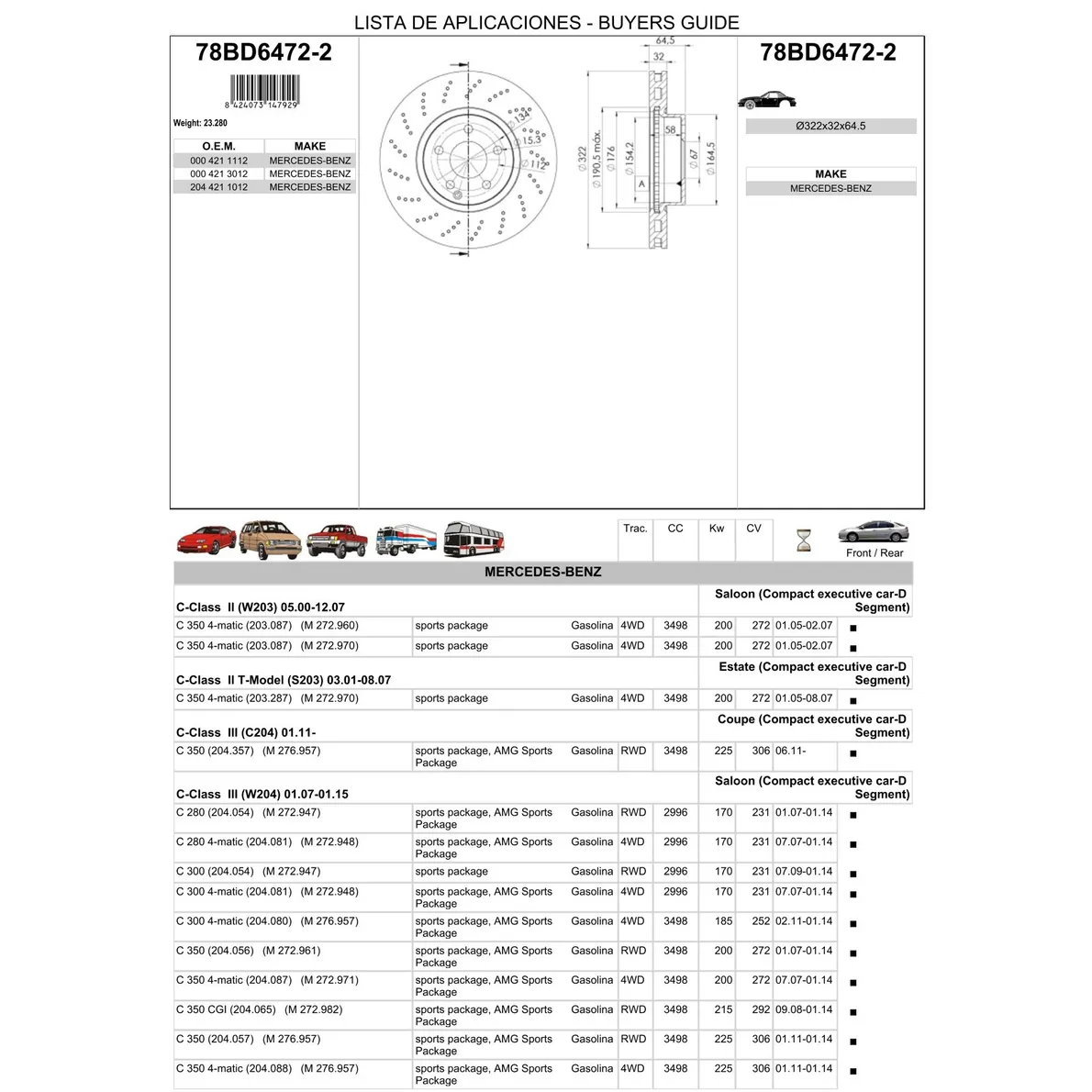 Диск тормозной передний MB C-W204/S204/C204 / E-W212/S212/A207/E207 09-> ICER 78BD6472-2