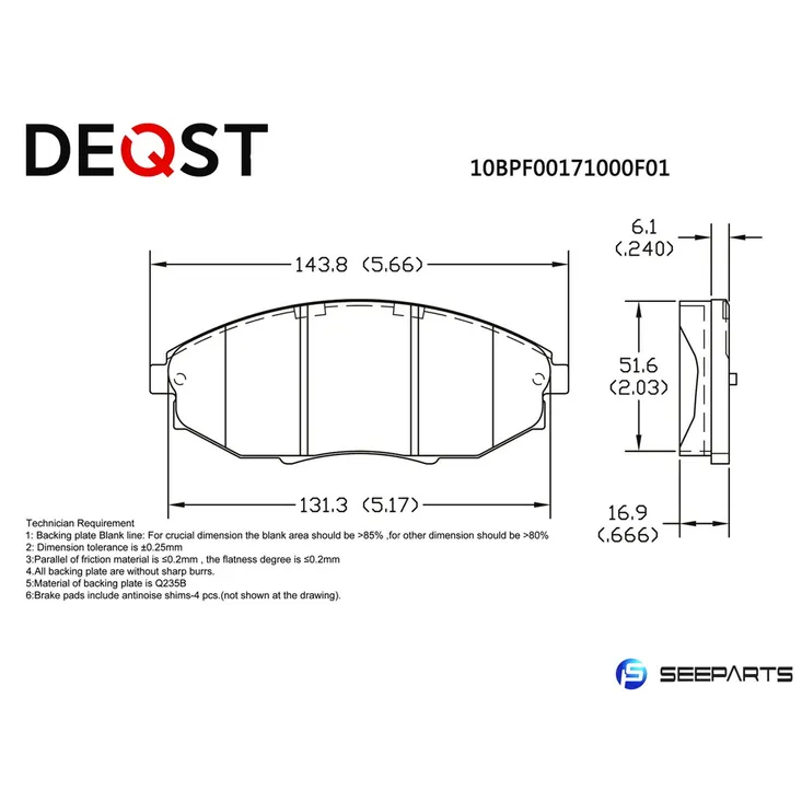 Колодки тормозные, передние CHEVROLET EPICA 07- DEQST 10BPF00171000