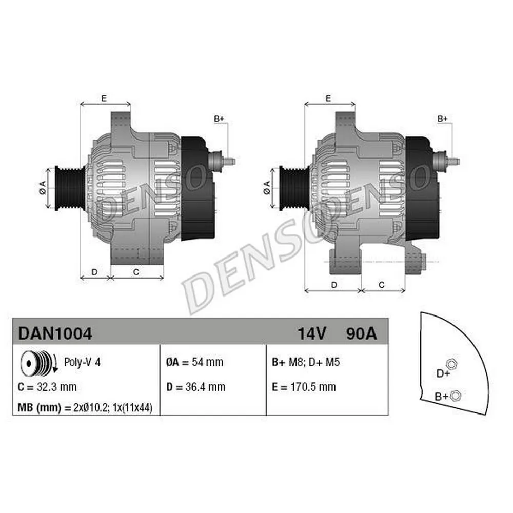 Генератор 14V 90A DENSO DAN1004